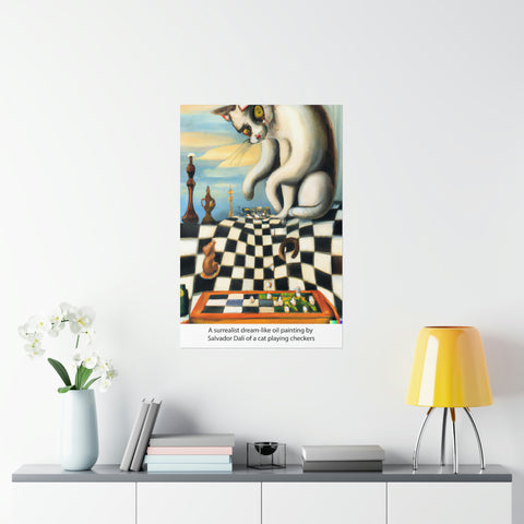 A surrealist dream-like oil painting by Salvador Dalí of a cat playing checkers