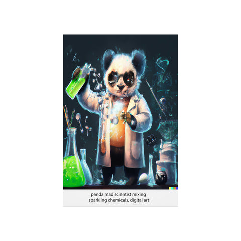 Panda mad scientist mixing sparkling chemicals, digital art