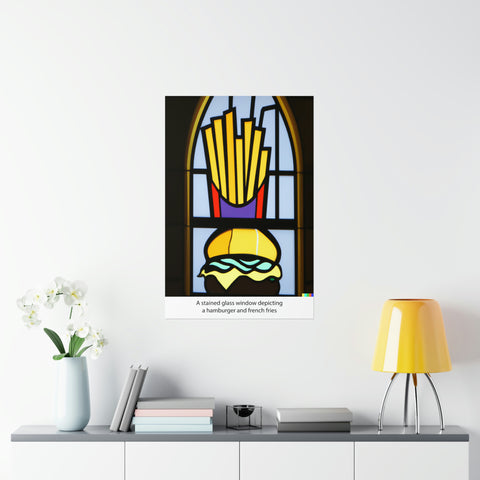 A stained glass window depicting a hamburger and french fries