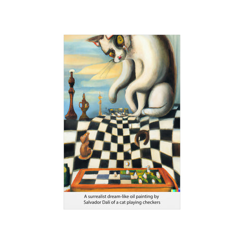 A surrealist dream-like oil painting by Salvador Dalí of a cat playing checkers