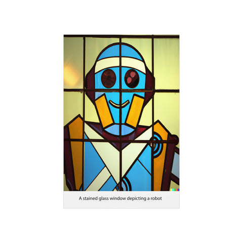A stained glass window depicting a robot