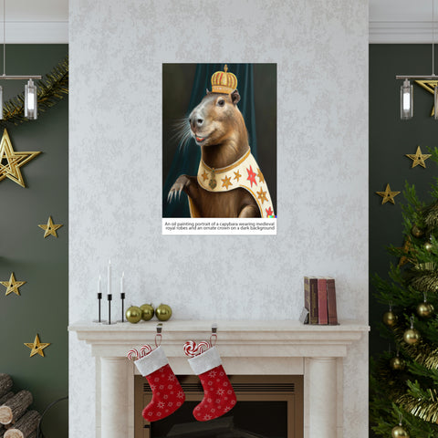 An oil painting portrait of a capybara wearing medieval royal robes and an ornate crown on a dark background
