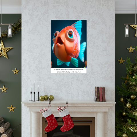 3D render of a cute tropical fish in an aquarium on a dark blue background, digital art