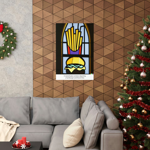 A stained glass window depicting a hamburger and french fries