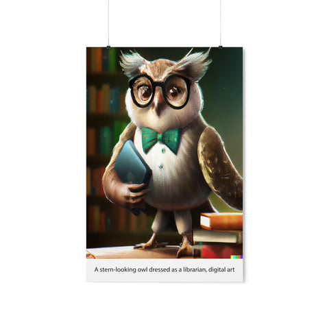 A stern-looking owl dressed as a librarian, digital art