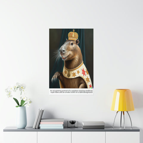 An oil painting portrait of a capybara wearing medieval royal robes and an ornate crown on a dark background