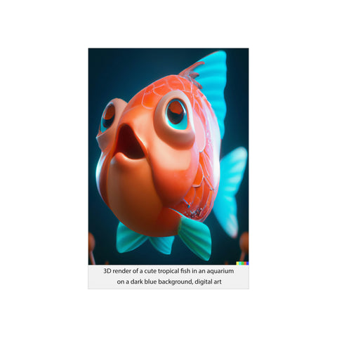 3D render of a cute tropical fish in an aquarium on a dark blue background, digital art