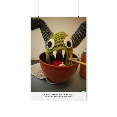 A bowl of soup that looks like a monster, knitted out of wool